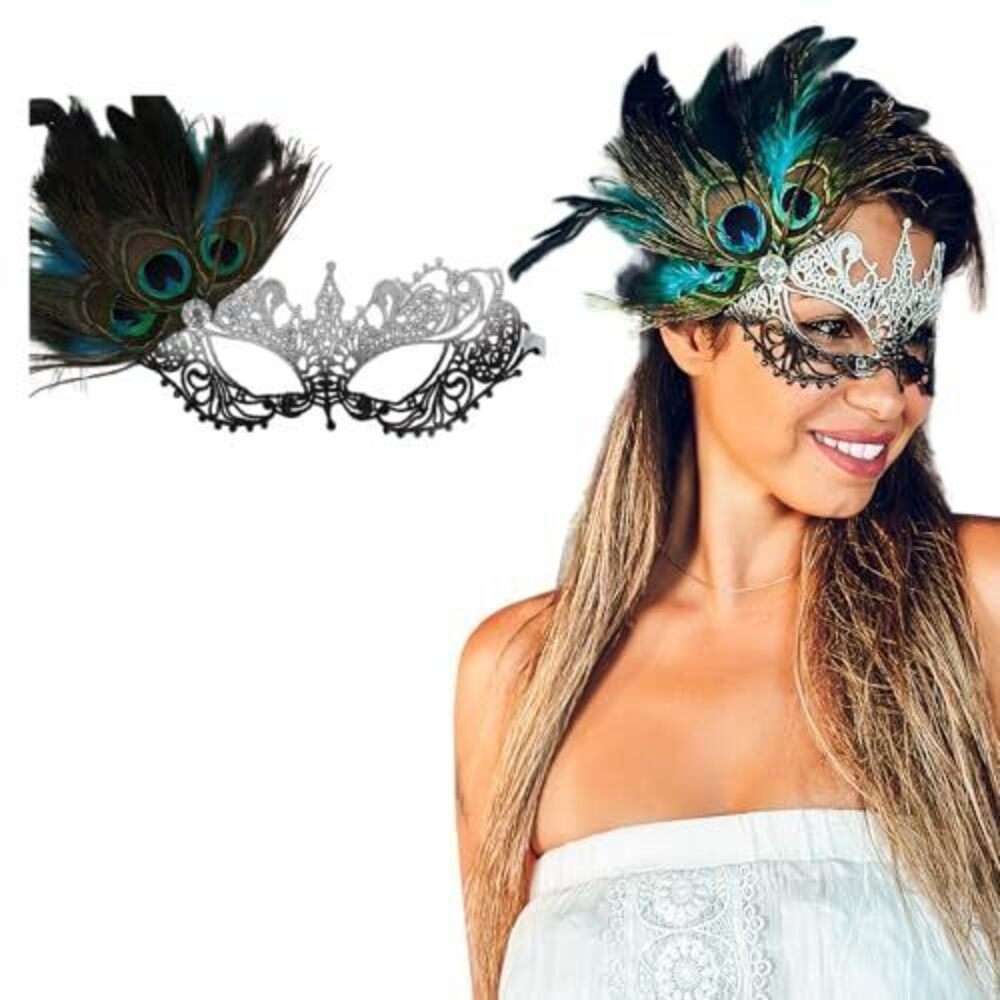 4324 Black Silver Peacock Feather Masquerade Mask - Lace Masquerade Masks
